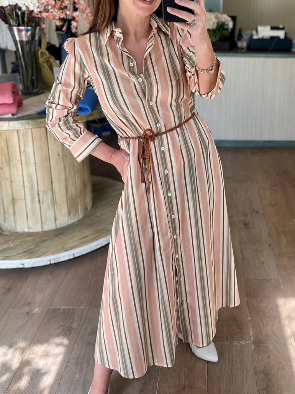 NWT Dixie Striped Shirt Dress Size L Belted Button Front 
Blush, Cream & Olive